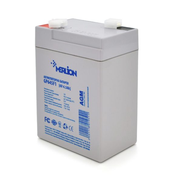 Акумуляторна батарея MERLION AGM GP645F1 6V 4.5Ah ( 70 x 47 x 100 (105)) , 0.665 kg, Grey, Q20 / 2400