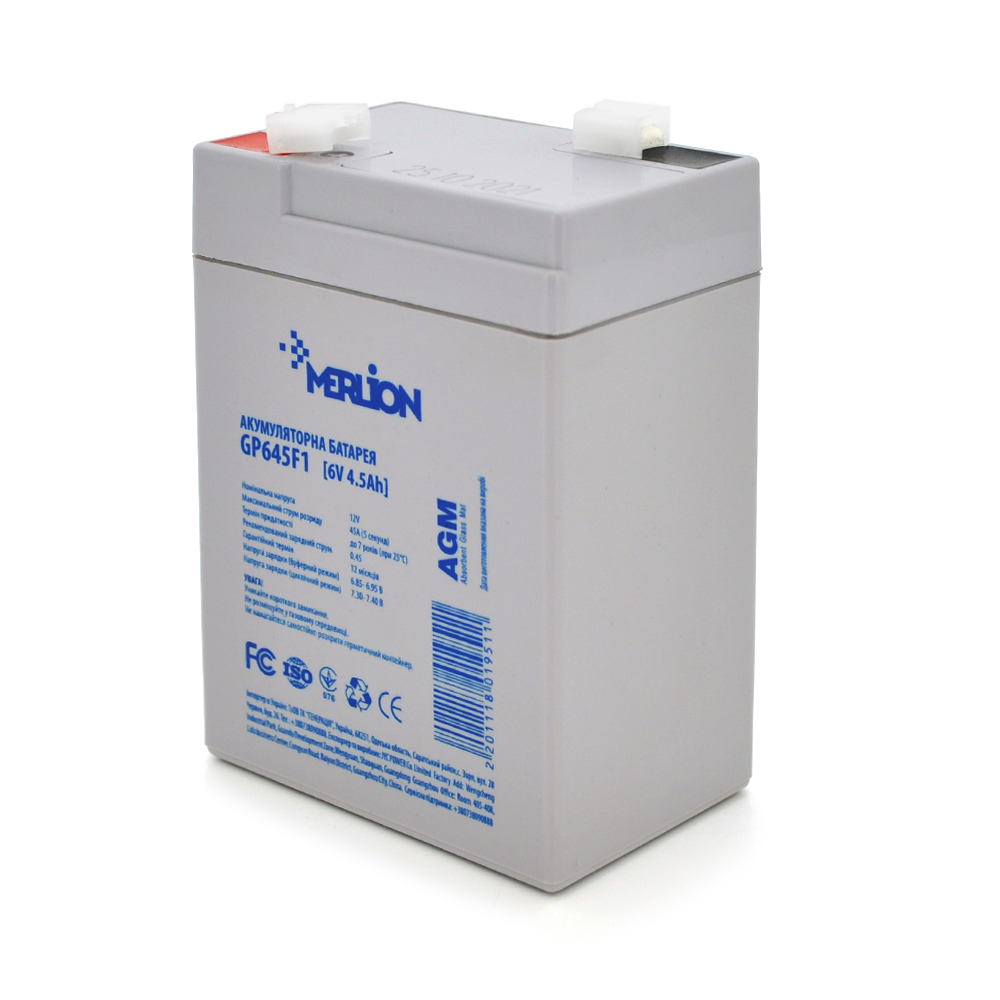 01951 Акумуляторна батарея MERLION AGM GP645F1 6V 4.5Ah ( 70 x 47 x 100 (105)) , 0.665 kg, Grey, Q20 / 2400 - Зображення 1