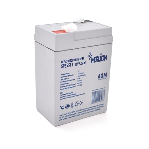 Акумуляторна батарея MERLION AGM GP655F1 6 V 5.5Ah ( 70 x 47 x 100 (105)), 0.75 kg, Grey, Q20 / 2400