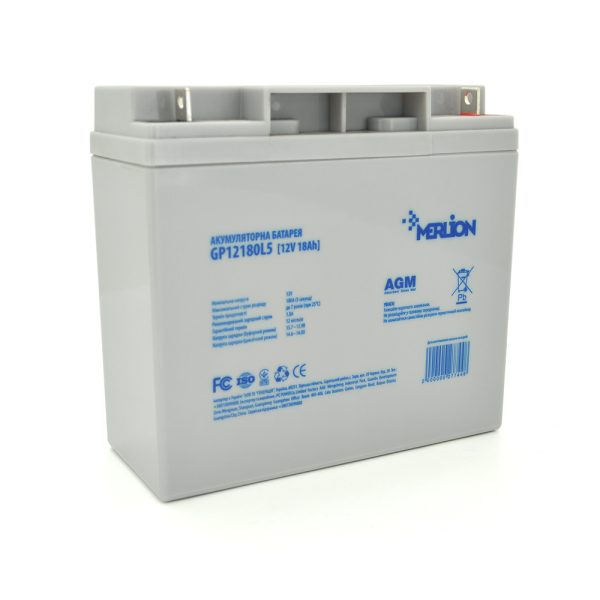 Акумуляторна батарея MERLION AGM GP12180L5 12 V 18 Ah ( 180 x 78 x 165 (168)), 4.65 kg, Grey, Q4 / 192