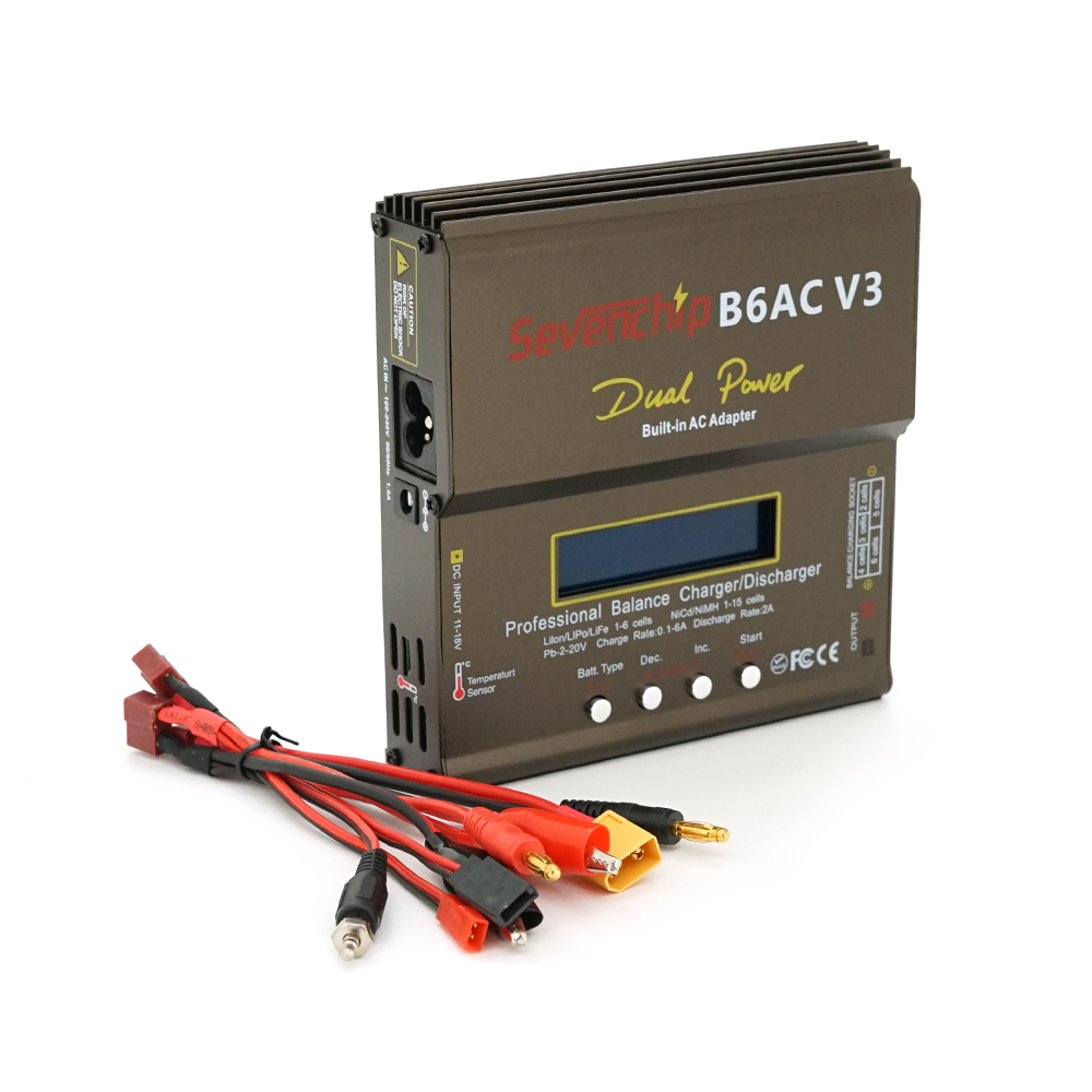 36886 Універсальне ЗУ SevenChip B6ACV3, 11-18V, 100-240V, 0,1-6A, LCD, балансир, від 1 до 16 осередків, клем (LiPo / LiIon / LiHv / NiMH / NiCd / Pb) - Зображення 1