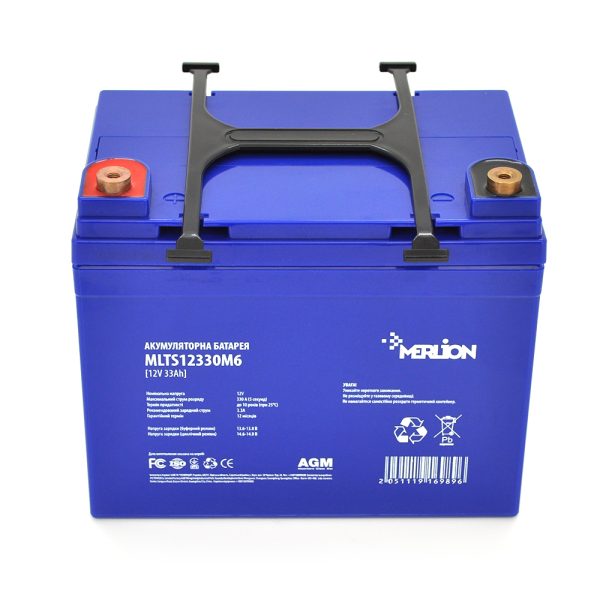 Акумуляторна батарея MERLION EURO AGM MLTS12330M6 12 V 33 Ah (195 x 130 x 155 (165)), 9.7 kg Blue ( ліворуч), Q1