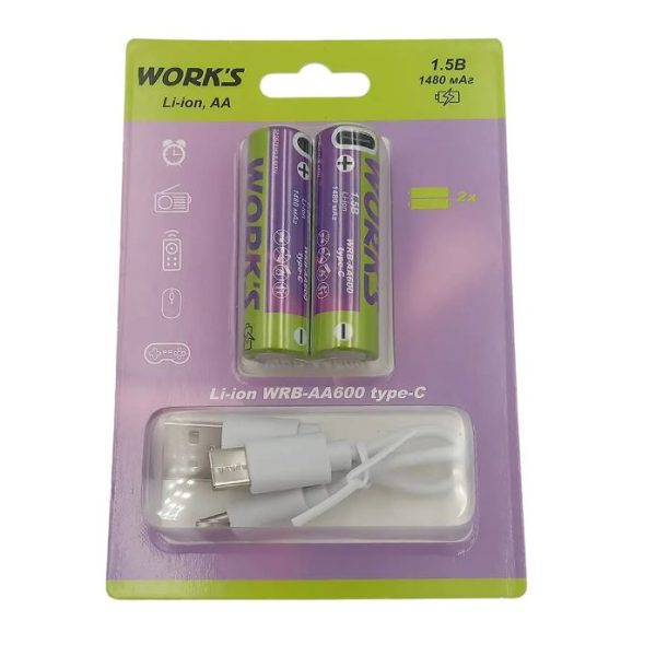 Акумуляторные батарейки Li-ion WRB AA600, тип АА, 1.5V, Type-c, 1480mAh, 1000 циклов, блістер 2шт